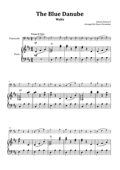 The Blue Danube - Cello and Piano with Chord Notations