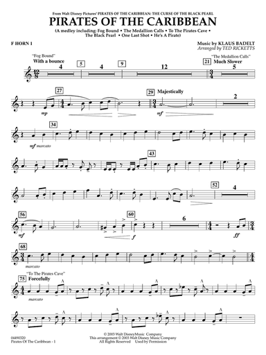 Pirates of the Caribbean (arr. Ted Ricketts) - F Horn 1