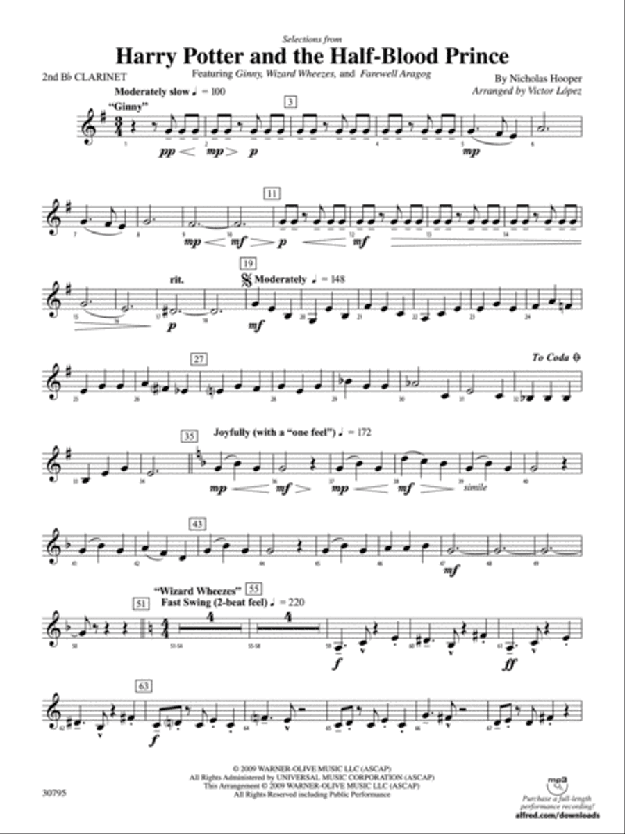 Harry Potter and the Half-Blood Prince, Selections from: 2nd B-flat Clarinet