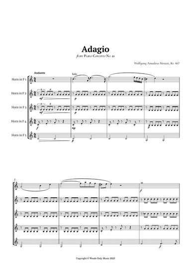Andante from Piano Concerto No. 21 by Mozart for French Horn Quintet