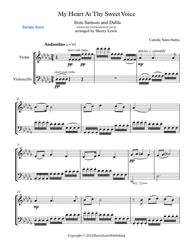 MY HEART AT THY SWEET VOICE for String Duo, Advanced Intermediate Level for violin and cello