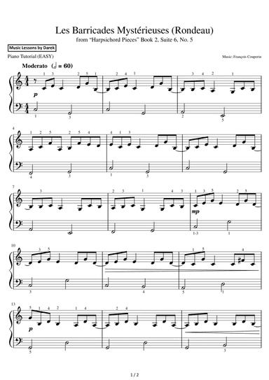 Les Barricades Mystérieuses (Rondeau) (EASY PIANO) from “Harpsichord Pieces” Book 2, Suite 6, No. 5