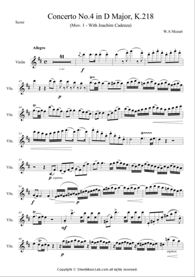 Mozart : Concerto No 4 in D Major K 218 Mov 1 With Joachim Cadenza