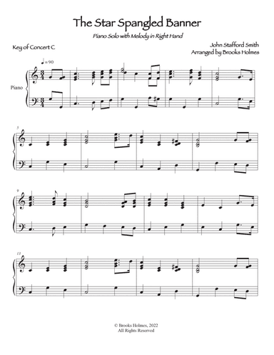Star Spangled Banner for Solo Piano (Easy) Key of C