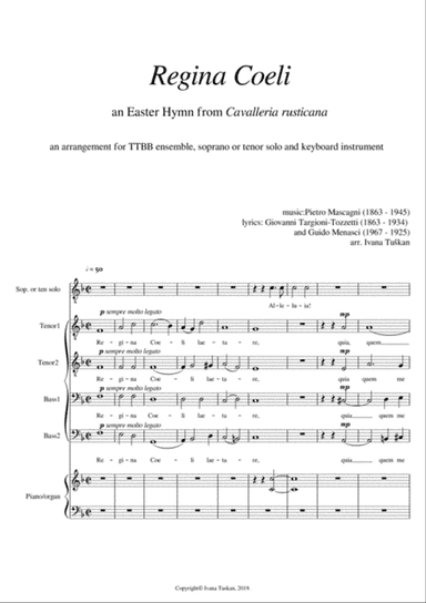 Regina Coeli, F major. TTBB, Tenor or soprano solo, piano, full version