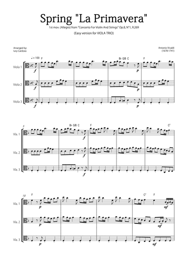 "Spring" (La Primavera) by Vivaldi - Easy version for VIOLA TRIO