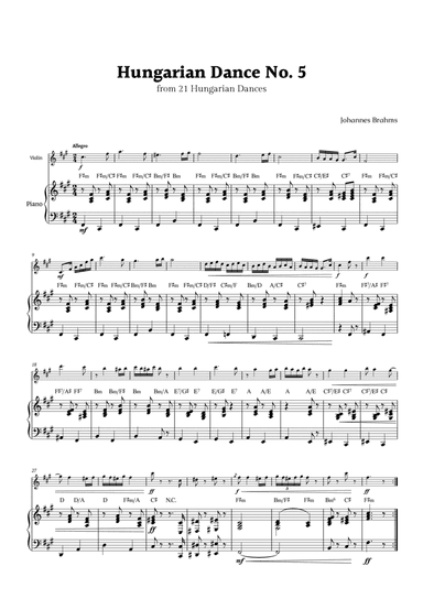Hungarian Dance No. 5 by Brahms for Violino and Piano with Chords