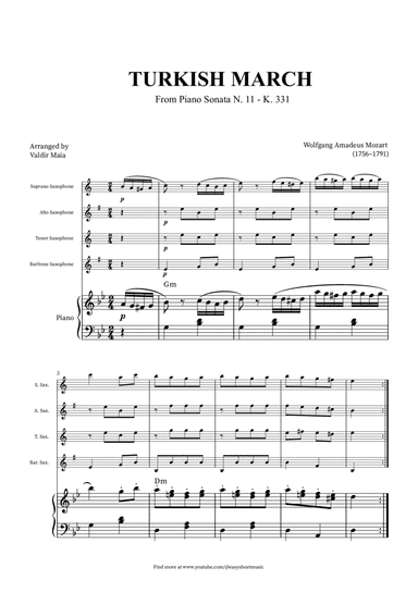 Turkish March - Saxophone Quartet and Piano + CHORDS