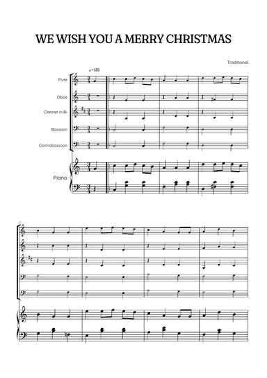 We Wish You a Merry Christmas for Woodwind Quintet & Piano • easy Christmas sheet music