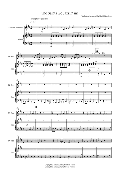 The Saints Go Jazzin' In for Descant Recorder and Piano