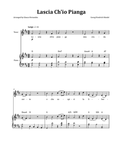 Lascia Ch'io Pianga by Händel - Tenor & Piano in D Major with Chord Notation