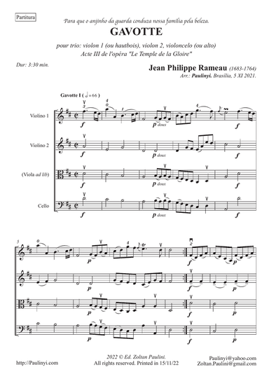 Rameau's Gavotte for TRIO: solo violin with a second violin and viola/cello. Parts and score.