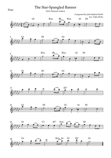 The Star Spangled Banner (USA National Anthem) for Flute Solo with Chords (Gb Major)