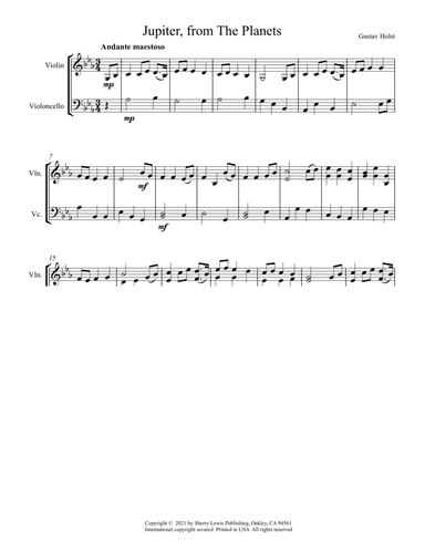 JUPITER from The Planets String Duo, Intermediate Level for violin and cello