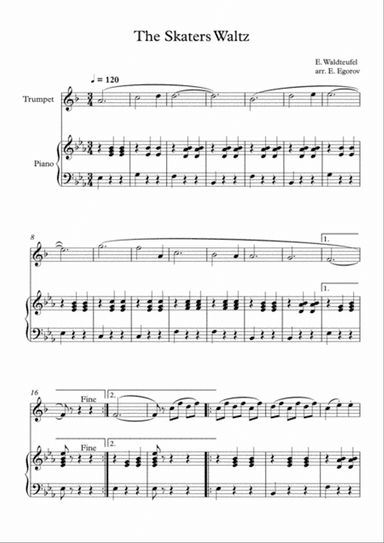 The Skaters Waltz, Emile Waldteufel, For Trumpet & Piano