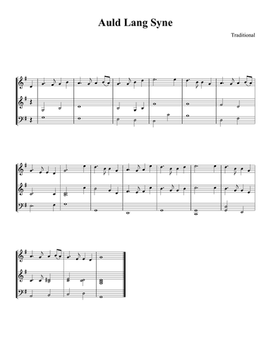 Auld Lang Syne three part harmony (2 violins, cello) 1-page score