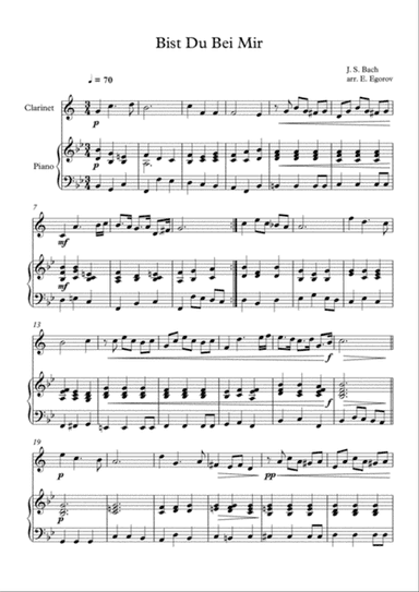 Bist Du Bei Mir, Johann Sebastian Bach, For Clarinet & Piano