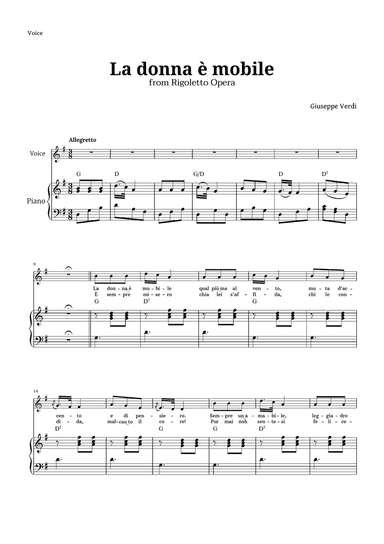 La donna è mobile in G major for Voice and Piano