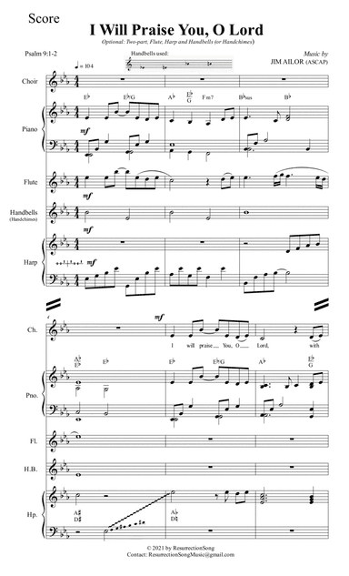 I Will Praise You, O Lord - DIRECTOR SCORE (Unison, opt. Two-part, Flute, Handbells, Harp)
