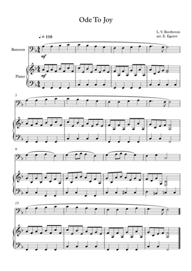 Ode To Joy, Ludwig Van Beethoven, For Bassoon & Piano