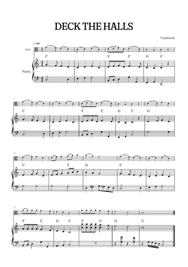 Deck the Halls for viola with piano accompaniment • easy Christmas song sheet music with chords