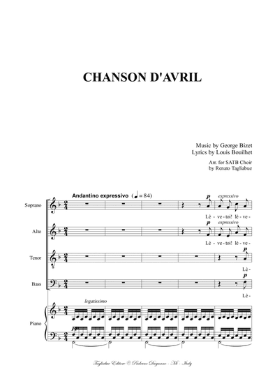 CHANSON D'AVRIL - BIZET - Arr. for SATB Choir e Piano