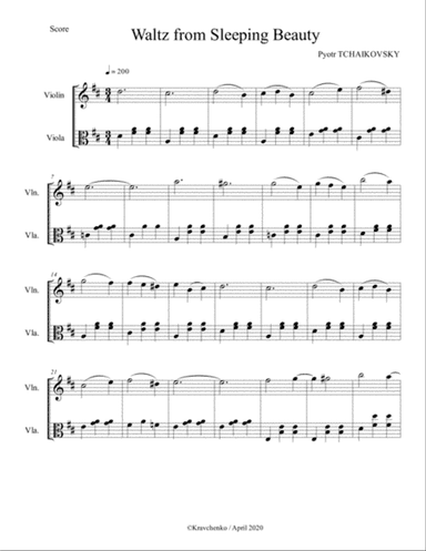 Pyotr Tchaikovsky - Waltz from Sleeping Beauty Ballet arr. for violin/viola duo (score and parts)