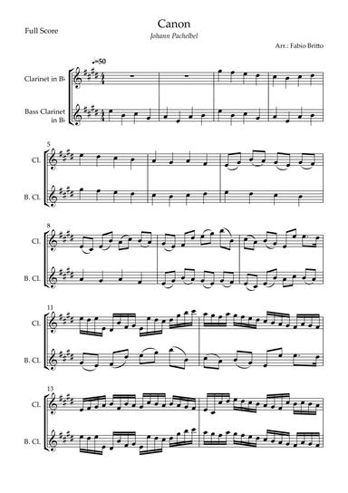 Canon - Johann Pachelbel (Wedding/Reduced Version) for Clarinet in Bb & Bass Clarinet in Bb Duo