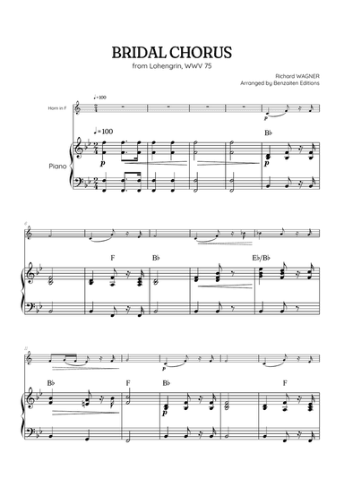 Wagner • Here Comes the Bride (Bridal Chorus) Lohengrin | french horn & piano sheet music w/ chords
