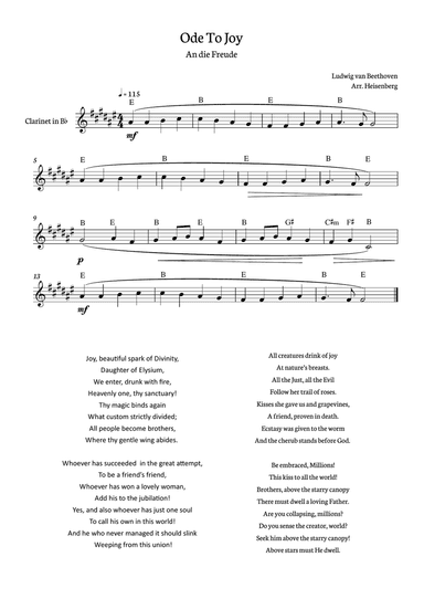 Beethoven - Ode to Joy for clarinet with chords in E major.