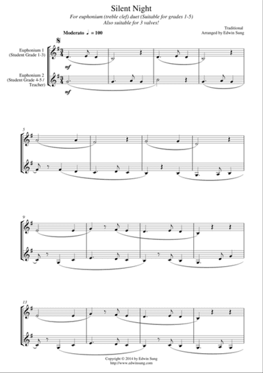 Silent Night (for euphonium duet (Bb treble, 3 or 4 valved), suitable for grades 1-5)