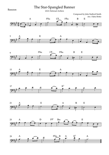 The Star Spangled Banner (USA National Anthem) for Basson Solo with Chords (A Major)