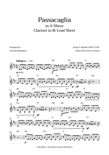 Passacaglia - Easy Clarinet in Bb Lead Sheet in Am Minor (Johan Halvorsen's Version)
