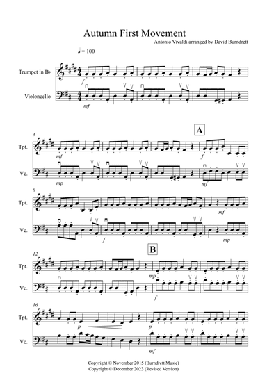 Autumn from "Four Seasons" for Trumpet and Cello Duet