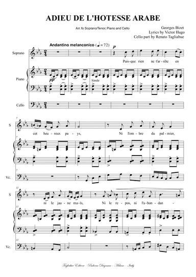BIZET - Adieux de l'hôtesse arabe - Arr. for Soprano/Tenor-Piano and (ad libitum) Cello