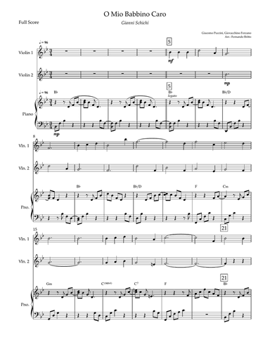 O Mio Babbino Caro (Puccini) for Violin Duo & Piano Accompaniment with Chords