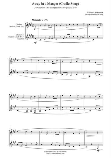 Away in a Manger (Cradle Song) (for clarinet (Bb) duet, suitable for grades 1-5)