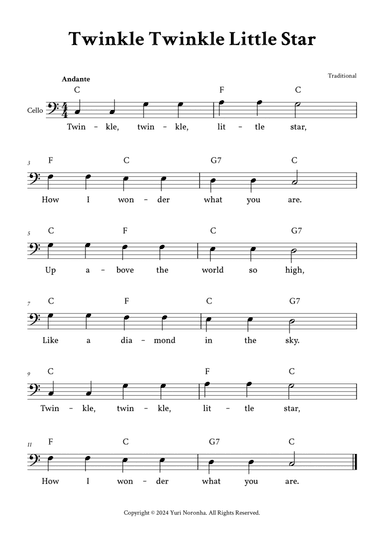 Twinkle Twinkle Little Star - Cello in C (with Chords and Lyrics)
