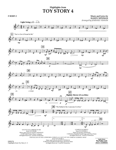 Highlights from Toy Story 4 (arr. Johnnie Vinson) - F Horn 2