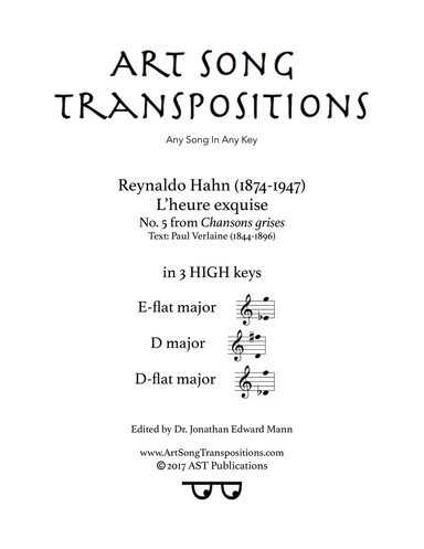 HAHN: L'heure exquise (in 3 high keys: E-flat, D, D-flat major)