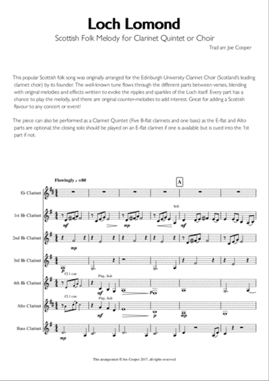 Loch Lomond - Scottish Folk Melody for Clarinet Choir or Quintet