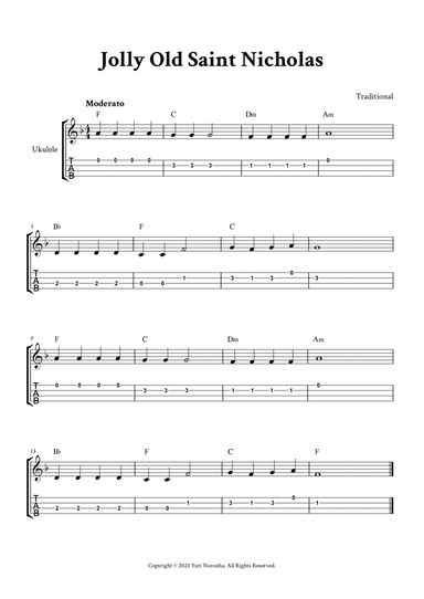 Jolly Old Saint Nicholas - For Ukulele (F Major - with TAB, Chords)