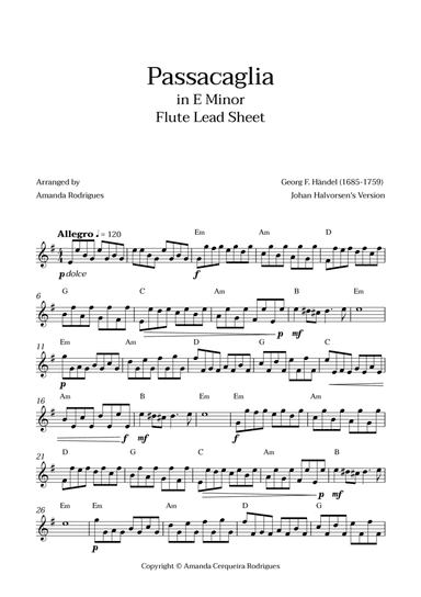 Passacaglia - Easy Flute Lead Sheet in Fm Minor (Johan Halvorsen's Version)