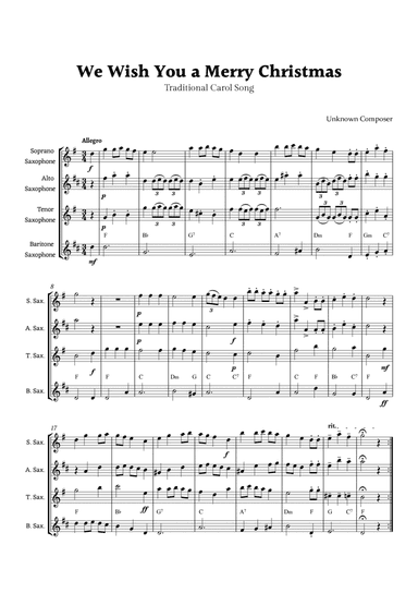 We Wish you a Merry Christmas for Saxophone Ensemble with Chords