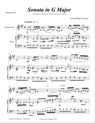 Telemann: Sonata in G Major for Clarinet & Piano