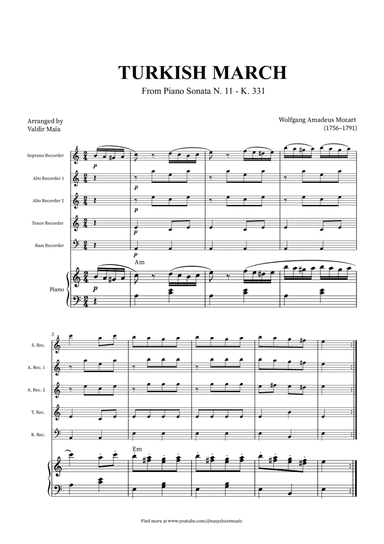 Turkish March - Recorder Quintet and Piano + CHORDS
