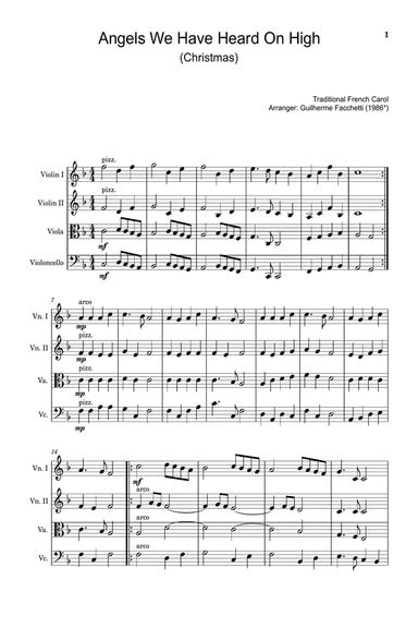 Traditional French Carol - Angels We Have Heard on High. Arrangement for String Quartet