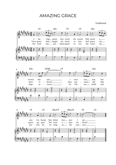 AMAZING GRACE - for piano and tenor in C# major with chords