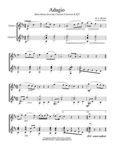 Adagio from the clarinet concerto for easy guitar duo