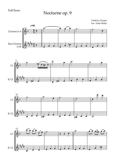 Nocturne Op.9 No. 2 (Frédéric Chopin) for Clarinet in A & Bass Clarinet in Bb Duo